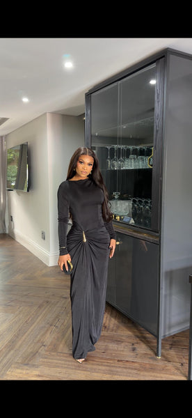 Black long sleeved gold detailed dress