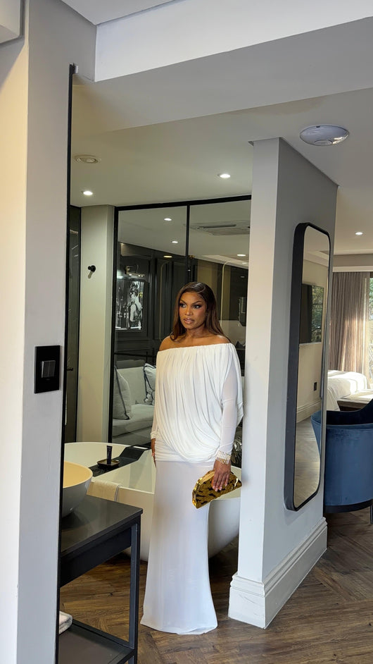 White offshoulder Drappy Dress