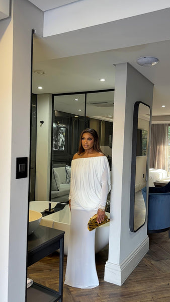 White offshoulder Drappy Dress