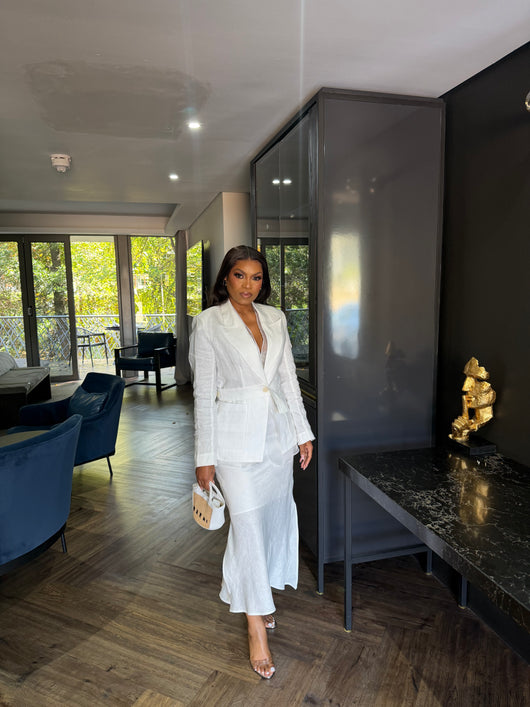 White linen skirt suit