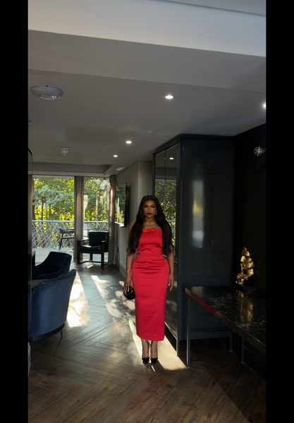 Red strapless dress